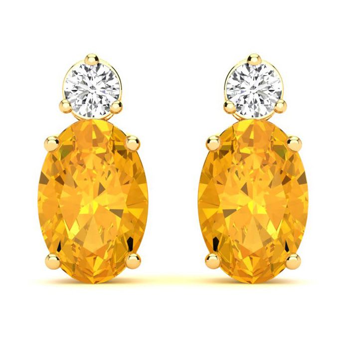 1 Carat Oval Citrine and Diamond Stud Earrings In 14 Karat Yellow Gold