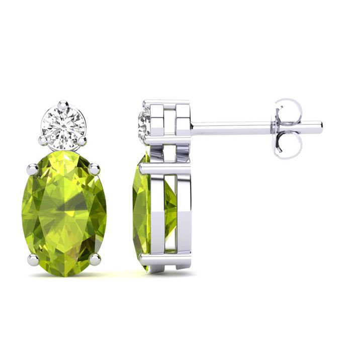 1 Carat Oval Peridot and Diamond Stud Earrings In 14 Karat White Gold