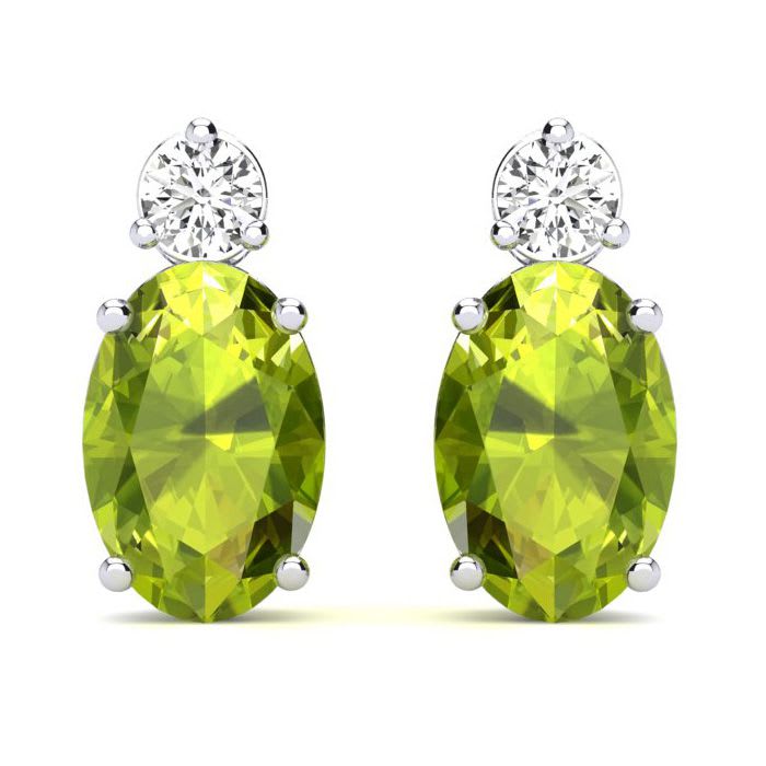 1 Carat Oval Peridot and Diamond Stud Earrings In 14 Karat White Gold