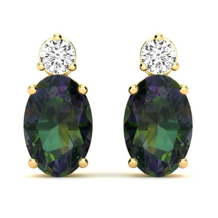 1 Carat Oval Mystic Topaz and Diamond Stud Earrings In 14 Karat Yellow Gold