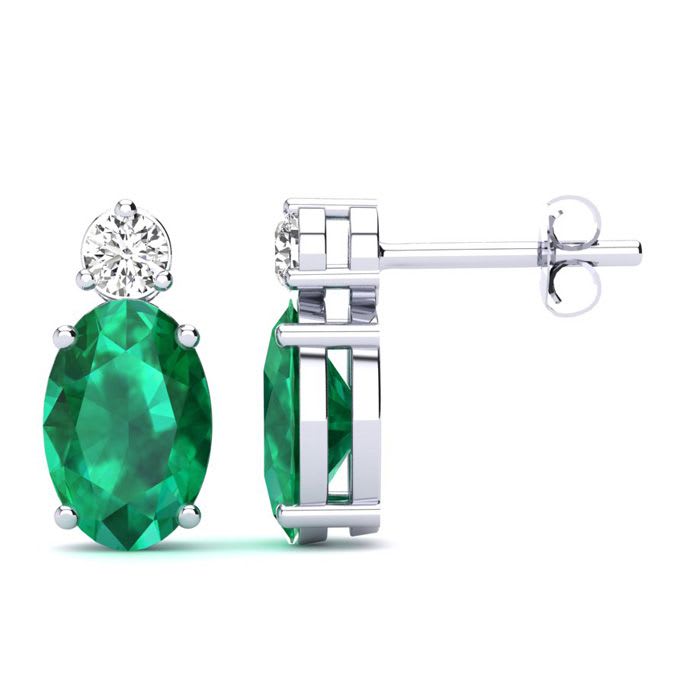 1 Carat Oval Emerald and Diamond Stud Earrings In 14 Karat White Gold