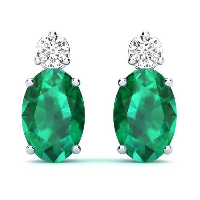 1 Carat Oval Emerald and Diamond Stud Earrings In 14 Karat White Gold