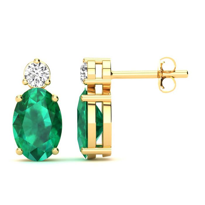 1 Carat Oval Emerald and Diamond Stud Earrings In 14 Karat Yellow Gold