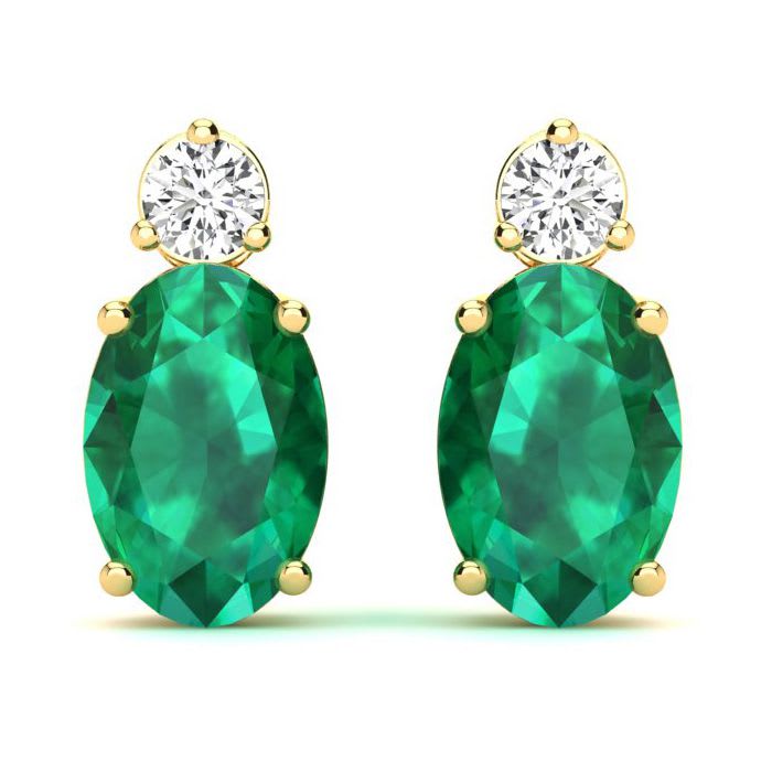 1 Carat Oval Emerald and Diamond Stud Earrings In 14 Karat Yellow Gold
