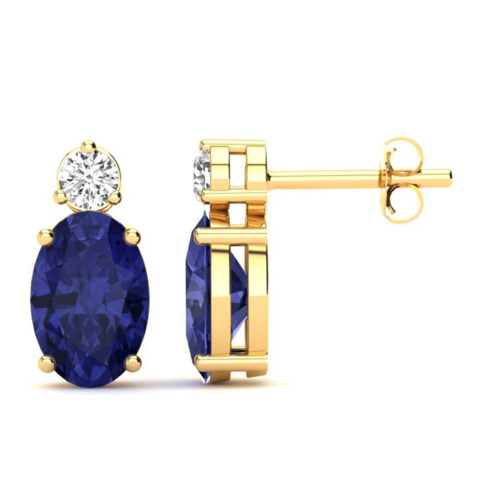 1 Carat Oval Tanzanite and Diamond Stud Earrings In 14 Karat Yellow Gold