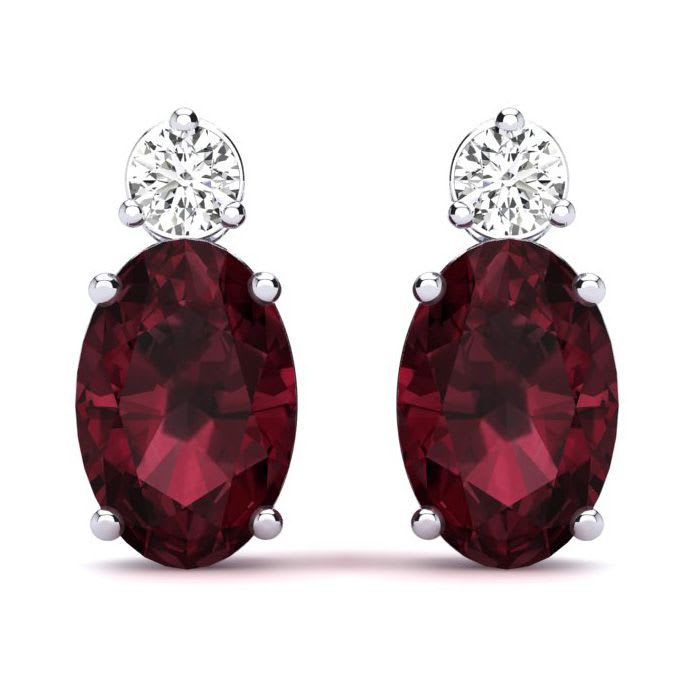 Garnet Earrings: Garnet Jewelry: 1 Carat Oval Garnet and Diamond Stud Earrings In 14 Karat White Gold
