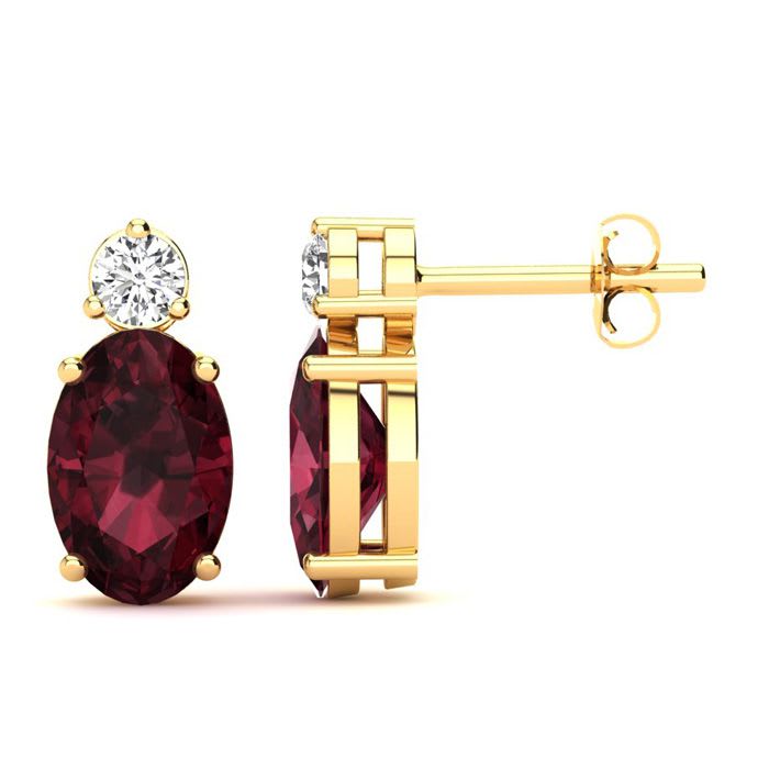 Garnet Earrings: Garnet Jewelry: 1 Carat Oval Garnet and Diamond Stud Earrings In 14 Karat Yellow Gold