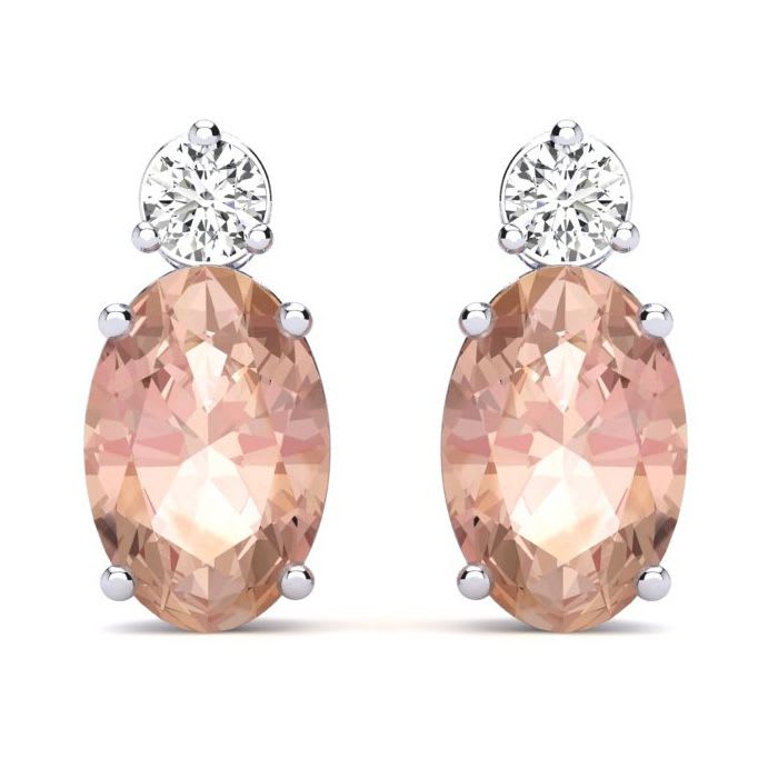 1 Carat Oval Shape Morganite Earrings with Diamond, Studs In 14 Karat White Gold