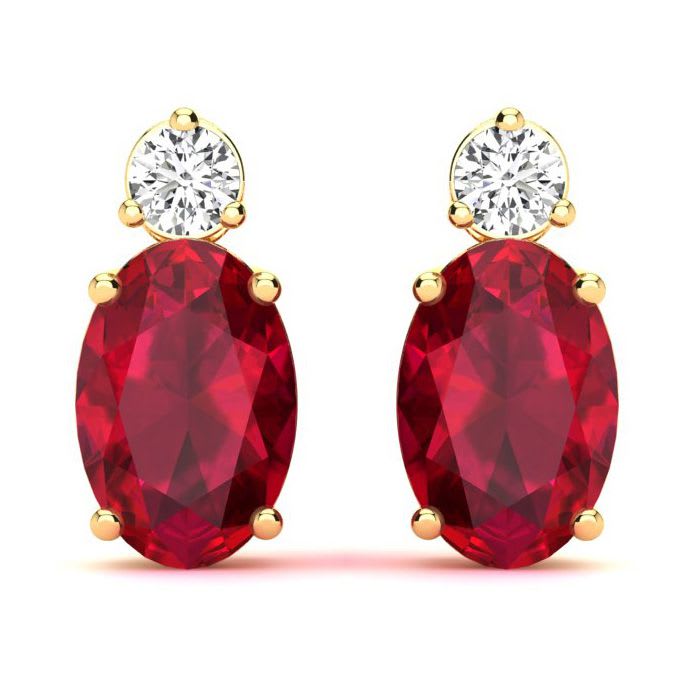 1 Carat Oval Ruby and Diamond Stud Earrings In 14 Karat Yellow Gold