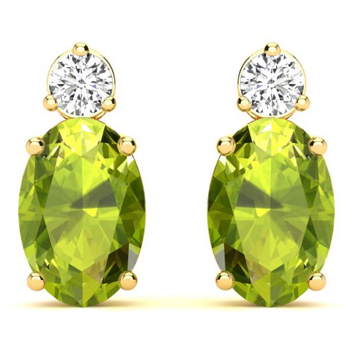 1 3/4 Carat Oval Peridot and Diamond Stud Earrings In 14 Karat Yellow Gold