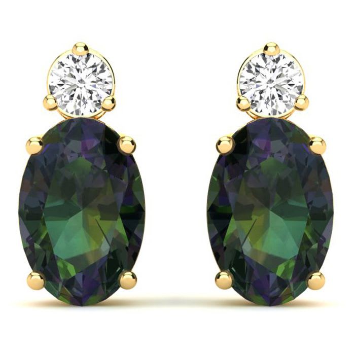 1 1/2 Carat Oval Mystic Topaz and Diamond Stud Earrings In 14 Karat Yellow Gold
