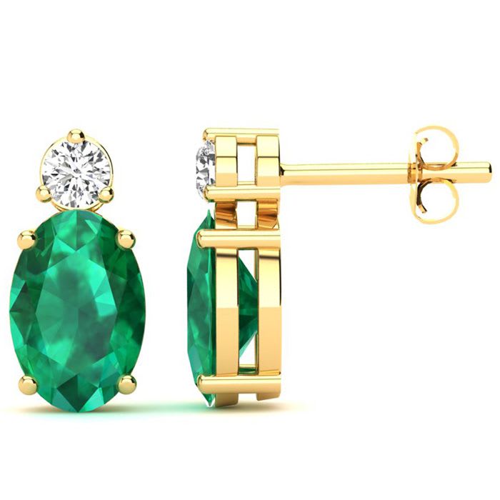 1 2/3 Carat Oval Emerald and Diamond Stud Earrings In 14 Karat Yellow Gold