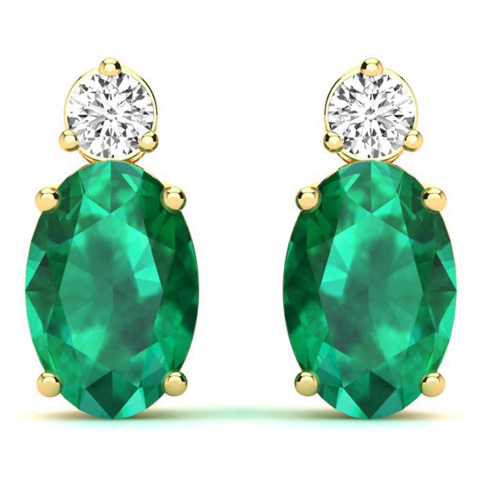 1 2/3 Carat Oval Emerald and Diamond Stud Earrings In 14 Karat Yellow Gold