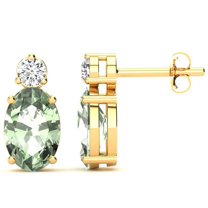 1 1/2 Carat Oval Green Amethyst and Diamond Stud Earrings In 14 Karat Yellow Gold