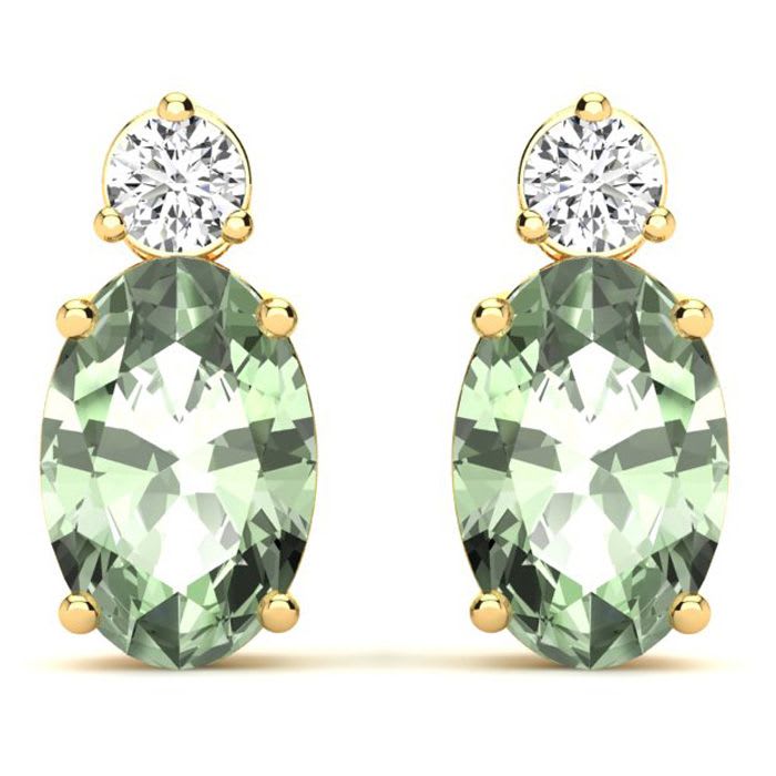 1 1/2 Carat Oval Green Amethyst and Diamond Stud Earrings In 14 Karat Yellow Gold