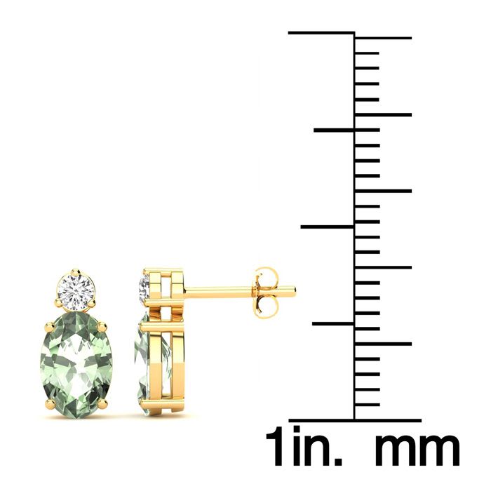 1 1/2 Carat Oval Green Amethyst and Diamond Stud Earrings In 14 Karat Yellow Gold