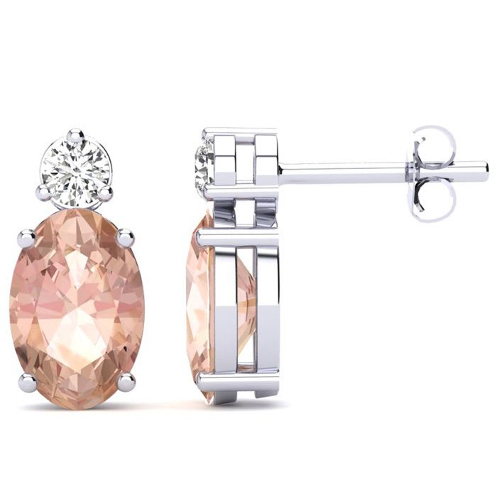 1-2/3 Carat Oval Shape Morganite Earrings with Diamond, Studs In 14 Karat White Gold