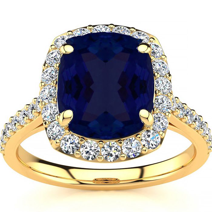 5 Carat Cushion Cut Sapphire and Halo Diamond Ring In 18K Yellow Gold