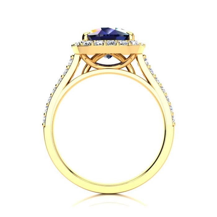 5 Carat Cushion Cut Sapphire and Halo Diamond Ring In 18K Yellow Gold