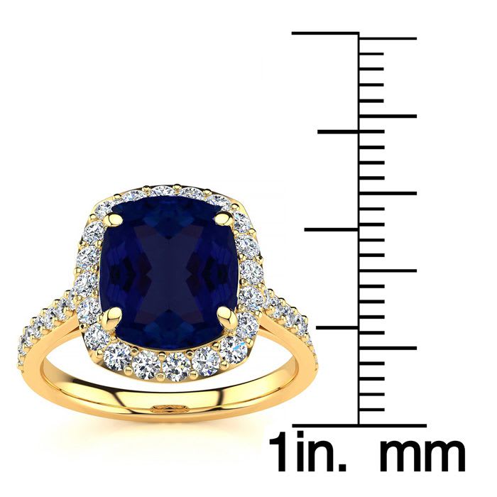 5 Carat Cushion Cut Sapphire and Halo Diamond Ring In 18K Yellow Gold