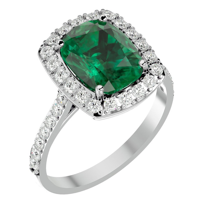 3 3/4 Carat Cushion Cut Emerald and Halo Diamond Ring In 18K White Gold