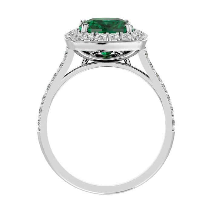 3 3/4 Carat Cushion Cut Emerald and Halo Diamond Ring In 18K White Gold