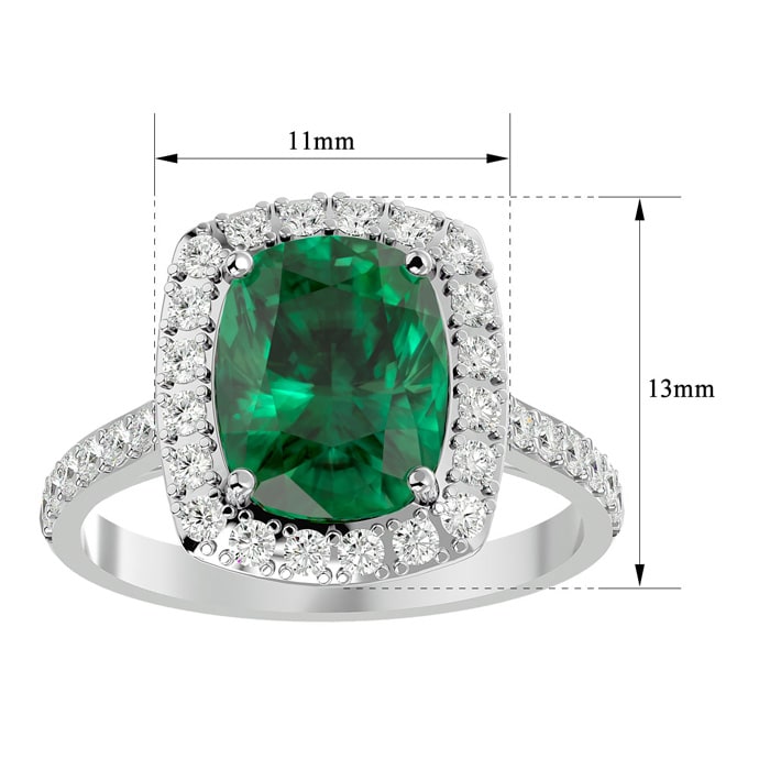3 3/4 Carat Cushion Cut Emerald and Halo Diamond Ring In 18K White Gold
