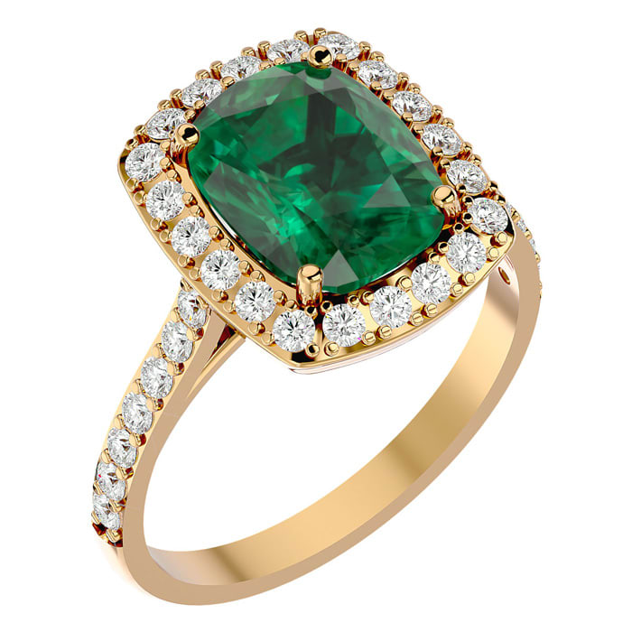 3 3/4 Carat Cushion Cut Emerald and Halo Diamond Ring In 18K Yellow Gold