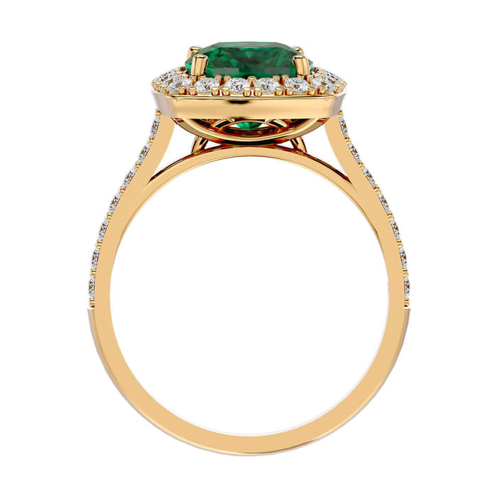 3 3/4 Carat Cushion Cut Emerald and Halo Diamond Ring In 18K Yellow Gold
