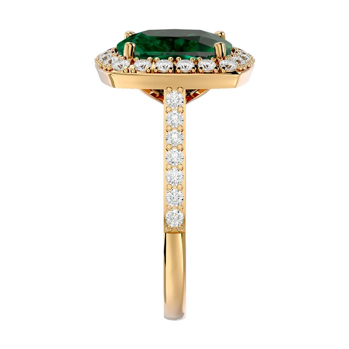 3 3/4 Carat Cushion Cut Emerald and Halo Diamond Ring In 18K Yellow Gold