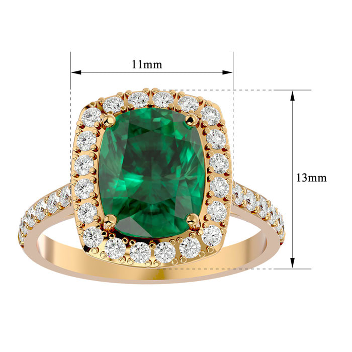3 3/4 Carat Cushion Cut Emerald and Halo Diamond Ring In 18K Yellow Gold