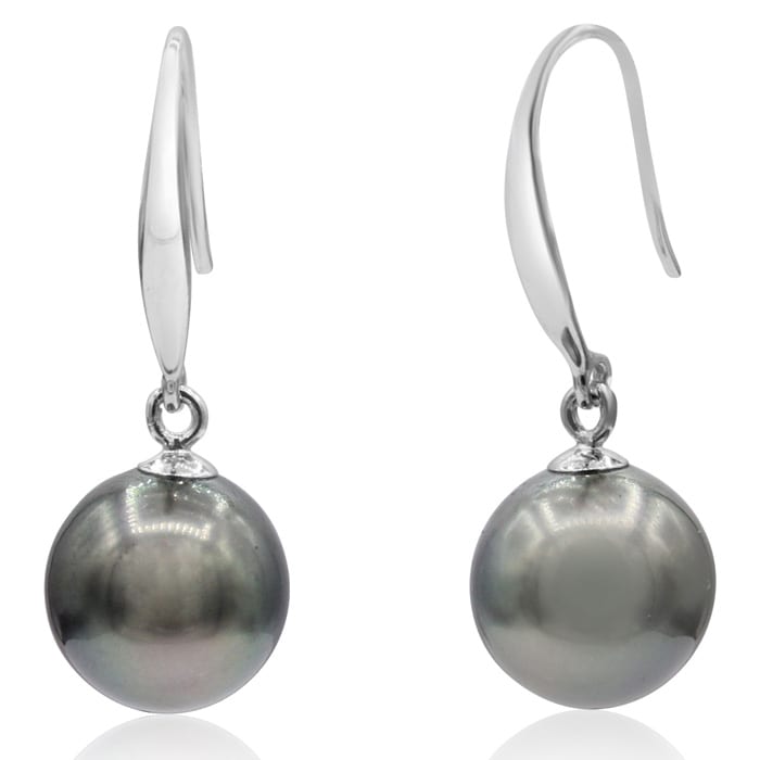 Pearl Drop Earrings With 9-9.5MM AAA Cultured Black Tahitian Pearls In 14 Karat White Gold