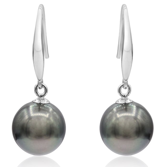 Pearl Drop Earrings With 9-9.5MM AAA Cultured Black Tahitian Pearls In 14 Karat White Gold