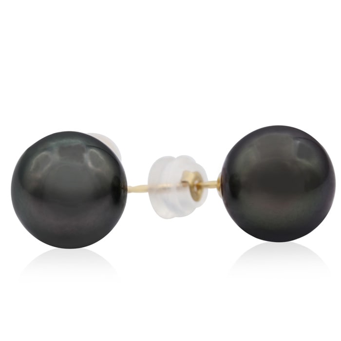 Pearl Stud Earrings With 10-10.5MM AAA Cultured Black Tahitian Pearls In 14 Karat Yellow Gold