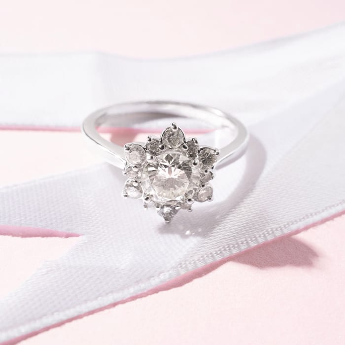 1 Carat Floral Halo Diamond Engagement Ring in 14k White Gold (I-J, I1-I2)