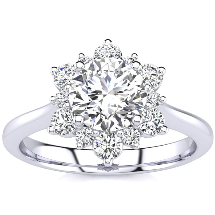 1 Carat Floral Halo Diamond Engagement Ring in 14k White Gold.  Fantastic Deal For A Beautiful On-Trend Ring!