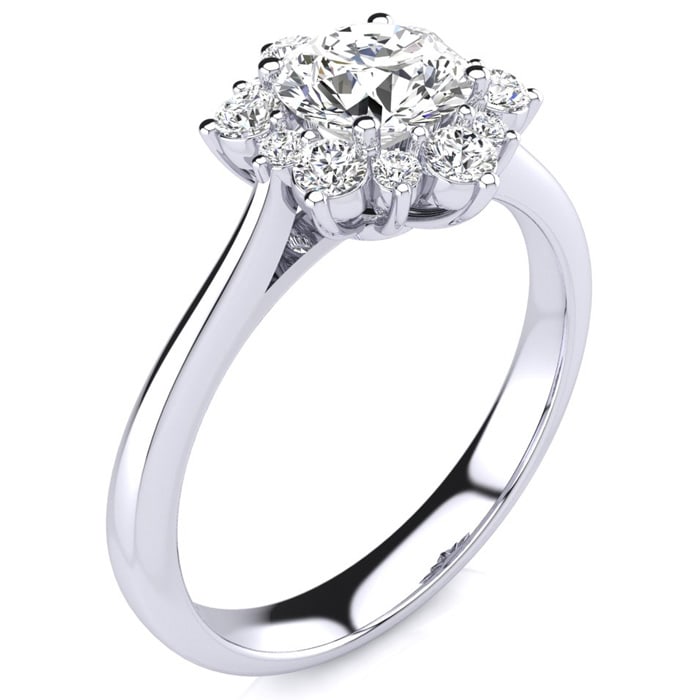 1 Carat Floral Halo Diamond Engagement Ring in 14k White Gold.  Fantastic Deal For A Beautiful On-Trend Ring!