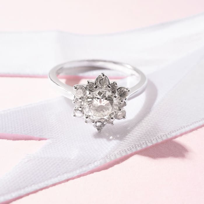 1 Carat Floral Halo Diamond Engagement Ring in 14k White Gold.  Fantastic Deal For A Beautiful On-Trend Ring!