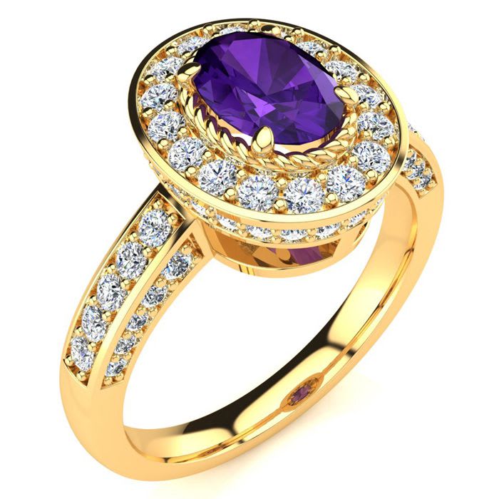 1 1/2 Carat Oval Shape Amethyst and Halo Diamond Ring In 14 Karat Yellow Gold