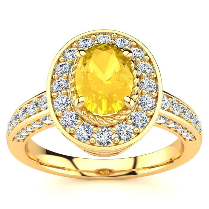 1 1/2 Carat Oval Shape Citrine and Halo Diamond Ring In 14 Karat Yellow Gold