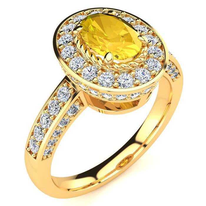 1 1/2 Carat Oval Shape Citrine and Halo Diamond Ring In 14 Karat Yellow Gold