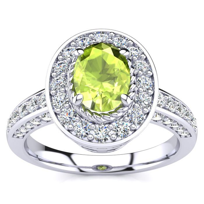 1 1/2 Carat Oval Shape Peridot and Halo Diamond Ring In 14 Karat White Gold