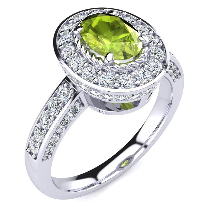 1 1/2 Carat Oval Shape Peridot and Halo Diamond Ring In 14 Karat White Gold