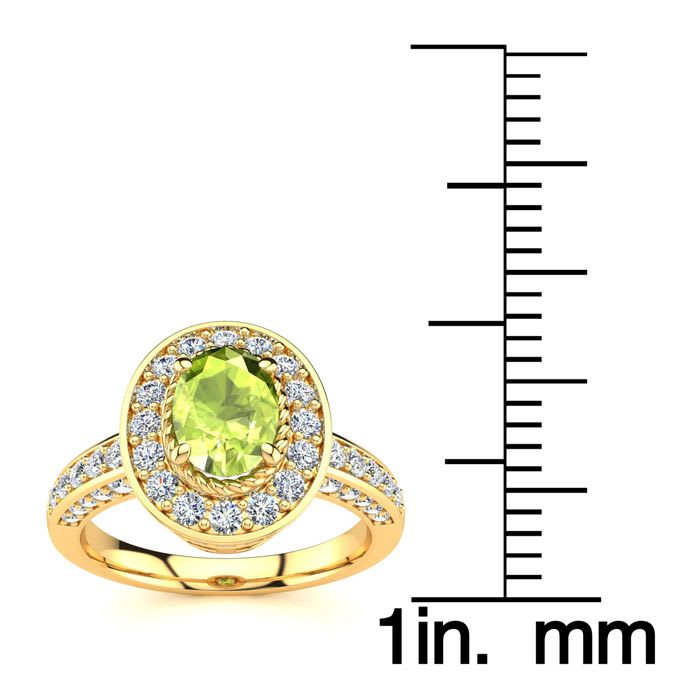 1 1/2 Carat Oval Shape Peridot and Halo Diamond Ring In 14 Karat Yellow Gold