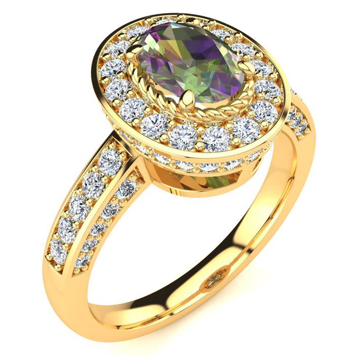 1-1/2 Carat Oval Shape Mystic Topaz Ring With Diamond Halo In 14 Karat Yellow Gold