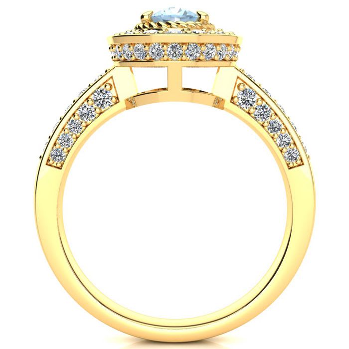 Aquamarine Ring: Aquamarine Jewelry: 1 1/2 Carat Oval Shape Aquamarine and Halo Diamond Ring In 14 Karat Yellow Gold