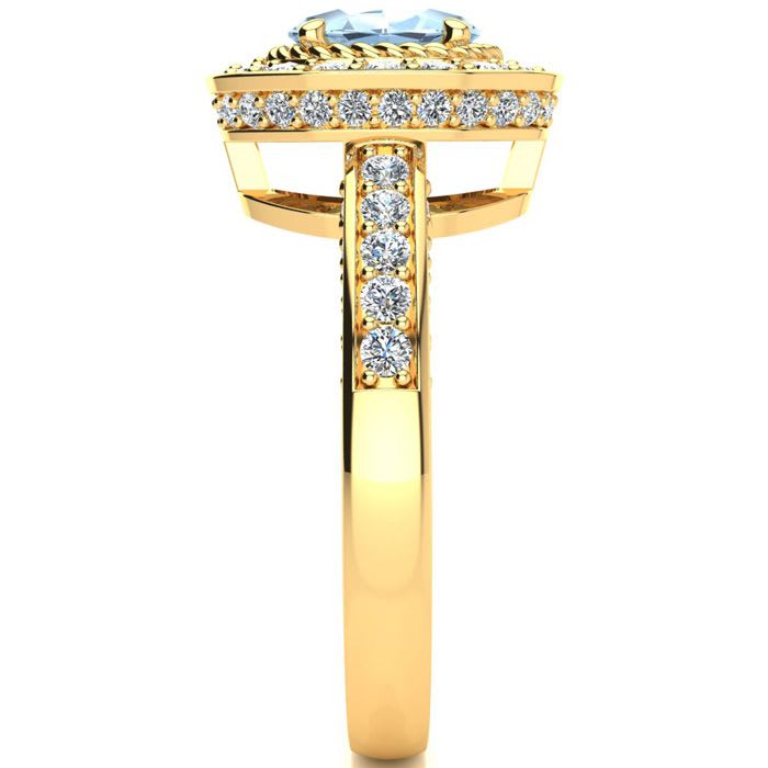 Aquamarine Ring: Aquamarine Jewelry: 1 1/2 Carat Oval Shape Aquamarine and Halo Diamond Ring In 14 Karat Yellow Gold