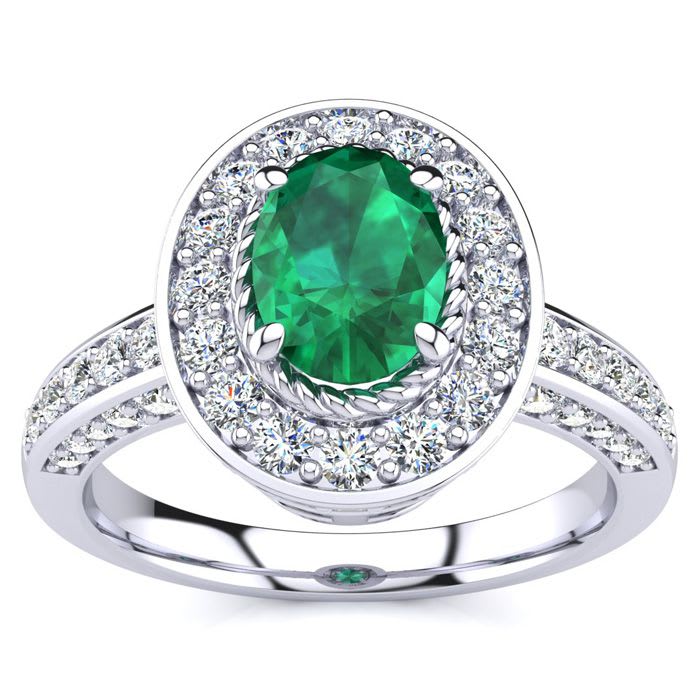 1 1/2 Carat Oval Shape Emerald and Halo Diamond Ring In 14 Karat White Gold