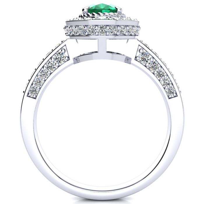 1 1/2 Carat Oval Shape Emerald and Halo Diamond Ring In 14 Karat White Gold