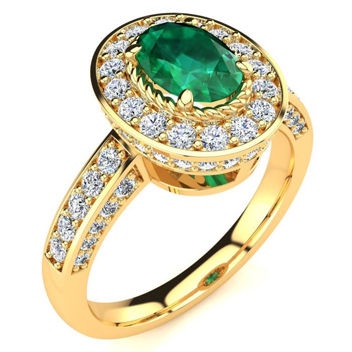 1 1/2 Carat Oval Shape Emerald and Halo Diamond Ring In 14 Karat Yellow Gold